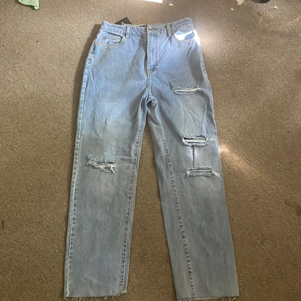 pretty little thing light blue ripped long legs straight jeans